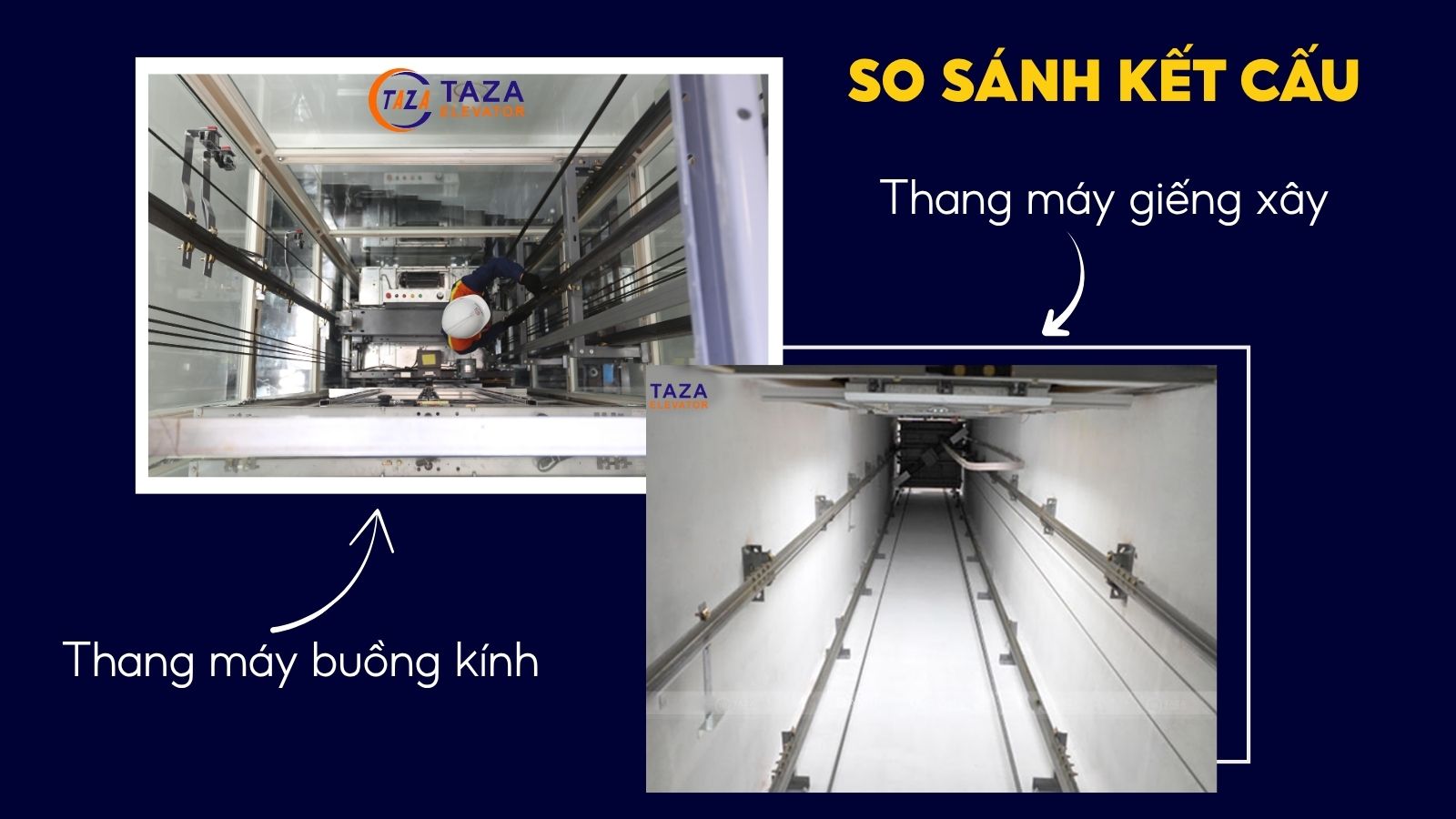 So sánh kết cấu thang máy kính khác thang máy giếng xây