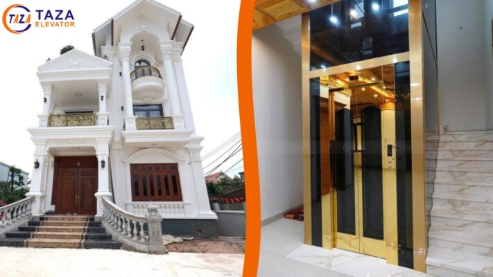 Bàn giao thang máy kính inox gương vàng cho biệt thự tân cổ điển